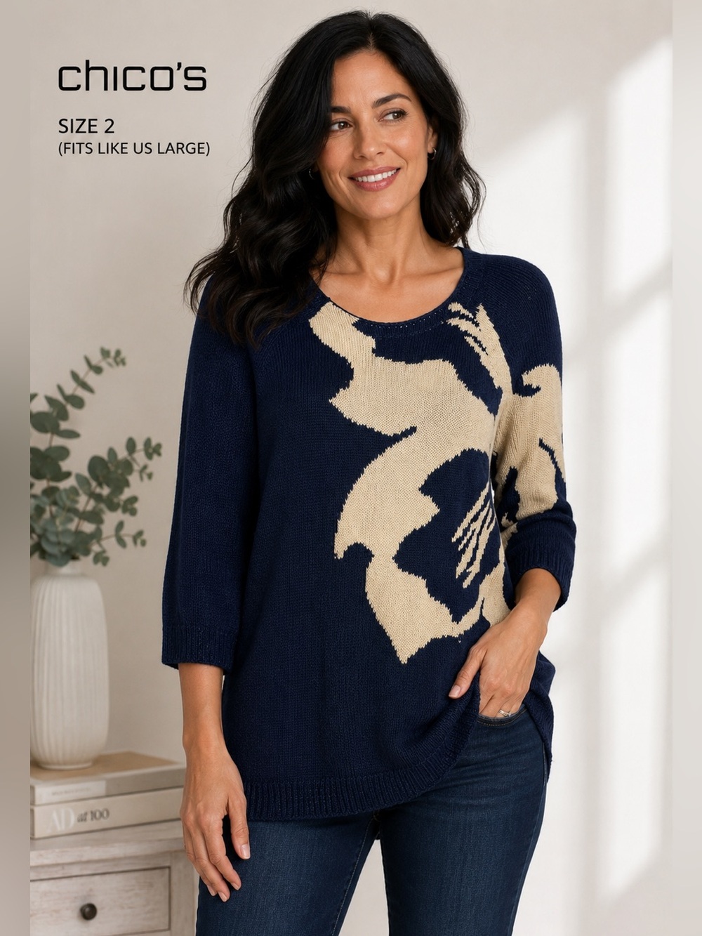 NWT Chico’s Floral Intarsia Knit boho Sweater Navy Ivory Size 2 (US Large)